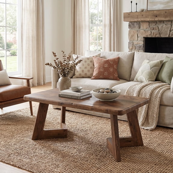 Fnova Farmhouse Coffee Table with V-Shaped Legs, 47.24 Inch Rectangle Living Room Center Table, Cocktail Tea Table, Accent Furniture, Rustic Brown