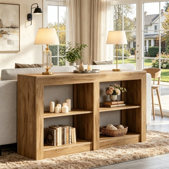 Fnova Farmhouse Console Table, 3-Tier Rustic Wooden Entryway Table, Multifunctional Sofa Table for Living Room, Hallway, Foyer
