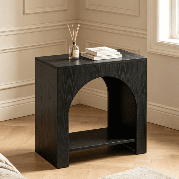 Fnova Farmhouse End Table with Storage, Modern Arched Wooden 2-Tier Side Table Nightstand Bedside Table Accent Table with Open Shelf, Easy Assembly, for Living Room, Bedroom, Entryway, Small Space