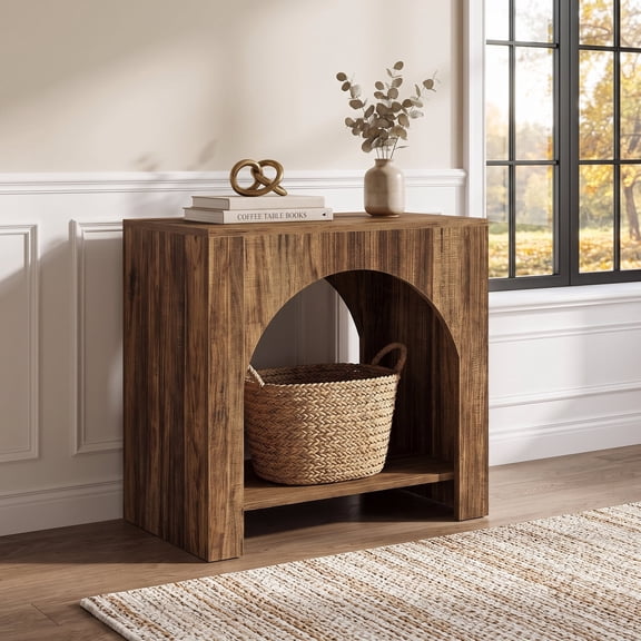 Fnova Farmhouse End Table with Storage, Modern Arched Wooden 2-Tier Side Table Nightstand Bedside Table Accent Table with Open Shelf, Easy Assembly, for Living Room, Bedroom, Entryway, Small Space