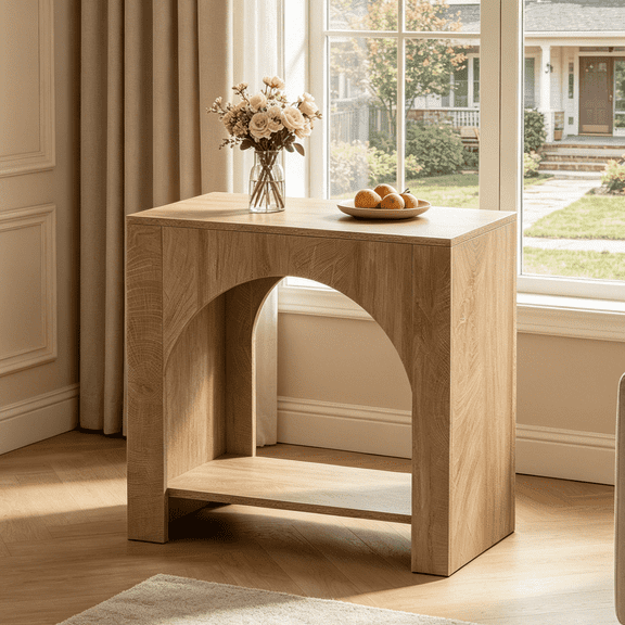 Fnova Farmhouse End Table with Storage, Modern Arched Wooden 2-Tier Side Table Nightstand Bedside Table Accent Table with Open Shelf, Easy Assembly, for Living Room, Bedroom, Entryway, Small Space