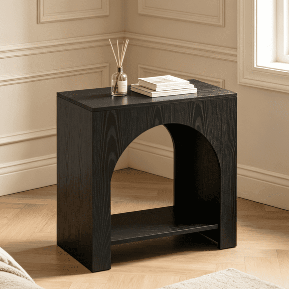 Fnova Farmhouse End Table with Storage, Modern Arched Wooden 2-Tier Side Table Nightstand Bedside Table Accent Table with Open Shelf, Easy Assembly, for Living Room, Bedroom, Entryway, Small Space