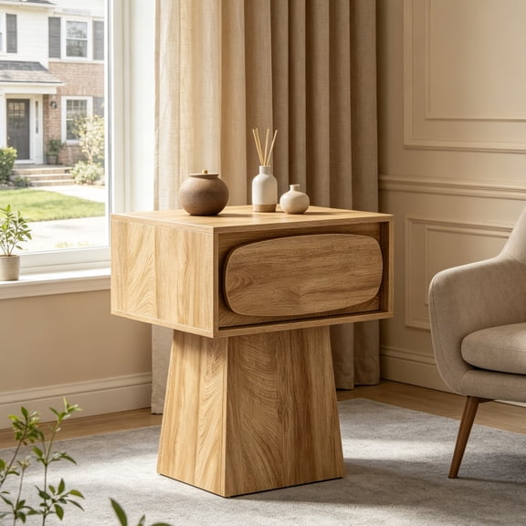 Fnova Farmhouse End Table, Wood Side Table with Drawer, Accent Side Table Nightstand with Anti-Tipping Device, Easy Assembly, for Living Room, Bedroom, Entryway, Small Space