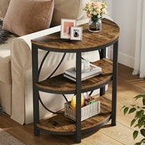 Fnova Farmhouse Half-Moon End Table, 3-Tier Storage Wood Side Table with Metal Frame, Modern Bedside Table, Narrow Sofa Table for Living Room Bedroom, Easy Assembly, Vintage Brown