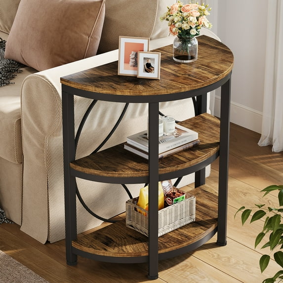 Fnova Farmhouse Half-Moon End Table, 3-Tier Storage Wood Side Table with Metal Frame, Modern Bedside Table, Narrow Sofa Table for Living Room Bedroom, Easy Assembly, Vintage Brown