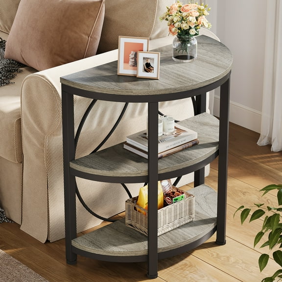 Fnova Farmhouse Half-Moon End Table, 3-Tier Storage Wood Side Table with Metal Frame, Modern Bedside Table, Narrow Sofa Table for Living Room Bedroom, Easy Assembly, Gray