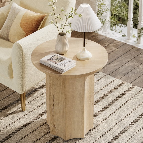 Fnova Farmhouse Round End Table, Pedestal Side Table with Octagonal Base for Living Room, Bedroom, Easy Assembly, Light Brown