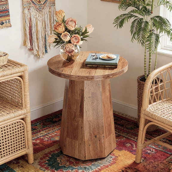 Fnova Farmhouse Round End Table, Wooden Side Table with Octagonal Base, Nightstand Pedestal Accent Furniture for Living Room, Bedroom
