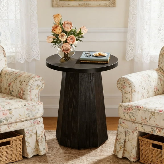 Fnova Farmhouse Round End Table, Wooden Side Table with Octagonal Base, Nightstand Pedestal Accent Furniture for Living Room, Bedroom