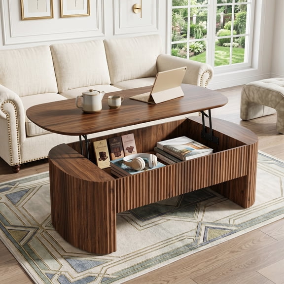 Fnova Fluted Lift Top Oval Coffee Table with Storage, 47" Lift Up Tabletop Center Table with Hidden Compartments for Living Room, Rustic Brown