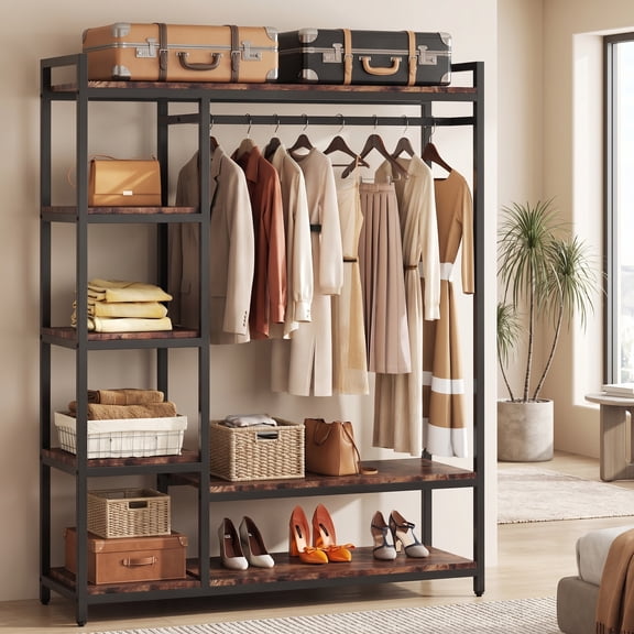 Fnova Free Standing Closet Organizer with 6 Storage Shelves and Hanging Bar, Large Standing Clothes Garment Rack, Rustic Brown