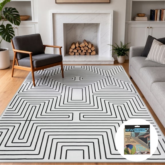 Fnova Geometric Maze Pattern Area Rug, 8'x10' Machine Washable Non Slip Rug for Living Room Bedroom Kitchen, Kid and Pet Friendly Low Pile Indoor Carpet