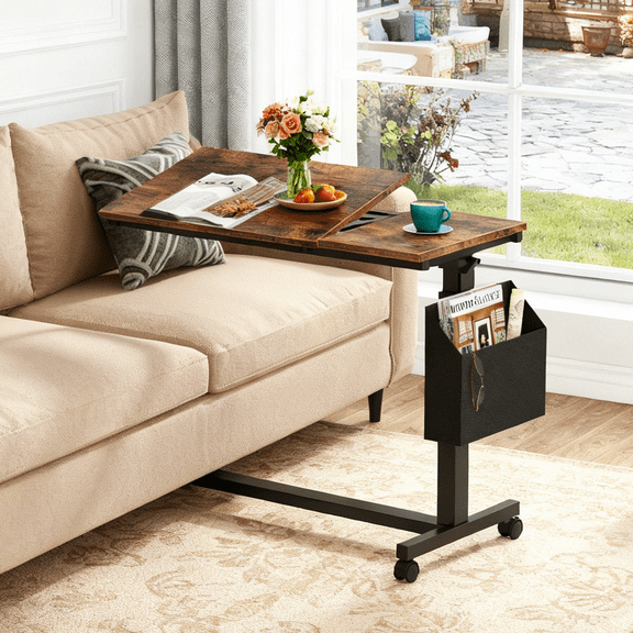 Fnova Height-Adjustable End Table with Wheels, C-Shaped Mobile Sofa Snack Tray, Tiltable Drawing Board, Laptop Side Table for Living Room, Bedside Table for Couch