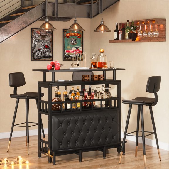 Fnova Home Bar Table with Storage, 44" Counter Height Pub Table with Upholstered & Metal Front Footrest, Black