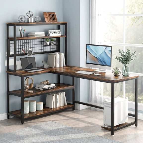 Fnova 55" L-Shaped Gaming Computer Desk, Reversible Office Desk Study Writing Table with Wireless Charging and Bookshelf for Home Office, Brown