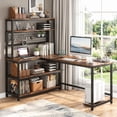 thumbnail image 1 of Fnova 55" L-Shaped Office Desk with Hutch, Reversible Computer Corner Desk with Wireless Charging and Shelves for Home Office, Brown, 1 of 9