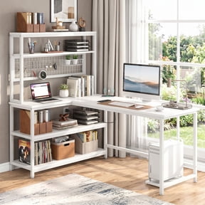Fnova 55" L-Shaped Craft Desk with Storage, Reversible Study Writing Table with Wireless Charging for Adults, White