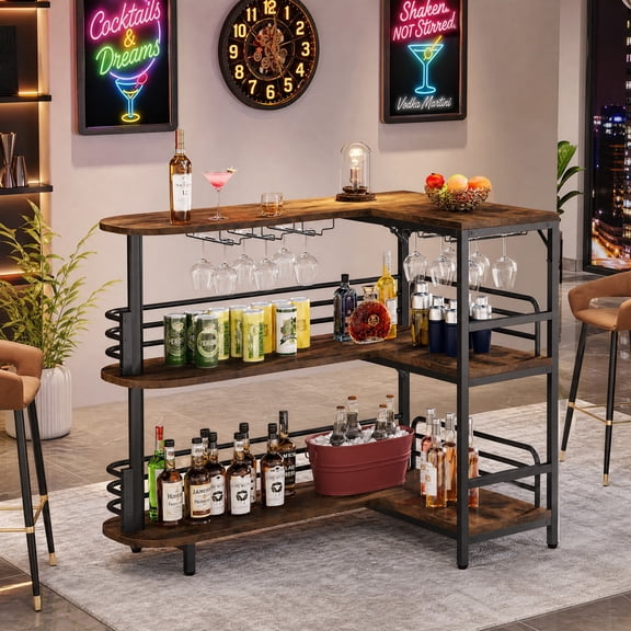 Fnova L-Shaped Home Bar Cabinet with Glass Holders, 3 Tier Corner Liquor Display Unit with Storage Shelves, Brown
