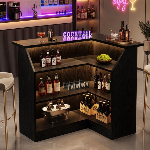 Fnova L-Shaped Home Bar Unit with Metal Footrest, 4-Tier Corner Liquor Display Unit, Versatile Reception Desk with Storage, Black
