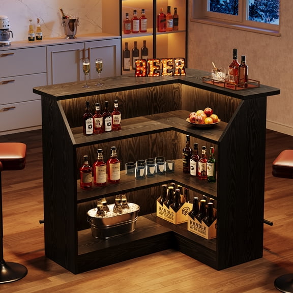 Fnova L-Shaped Home Bar Unit with Metal Footrest, 4-Tier Corner Liquor Display Unit, Versatile Reception Desk with Storage, Black