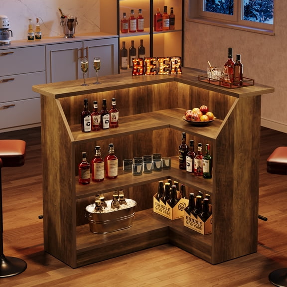 Fnova L-Shaped Home Bar Unit with Metal Footrest, 4-Tier Corner Liquor Display Unit, Versatile Reception Desk with Storage, Brown