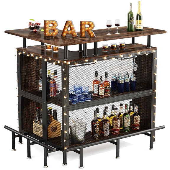 Fnova L Shaped Home Bar Unit with Storage Shelves and Footrest, Bar Table for Living Room, Kitchen, Home Bar Small Space