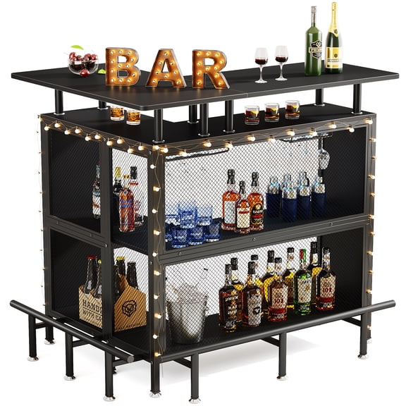 Fnova L Shaped Home Bar Unit with Storage Shelves and Footrest, Bar Table for Living Room, Kitchen, Home Bar Small Space