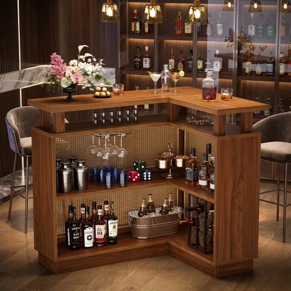 Fnova L Shaped Wine Bar Cabinet with 4-Tier Storage Shelf, Rattan Liquor Cabinet Reception Desk with 2 Stemware Racks and Heightened Base, Brown