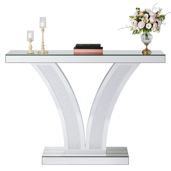 Fnova Mirrored Glam Console Table, Modern Silver Entryway Sofa Table with Crystal Diamond Inlay Frame for Living Room Hallway Foyer