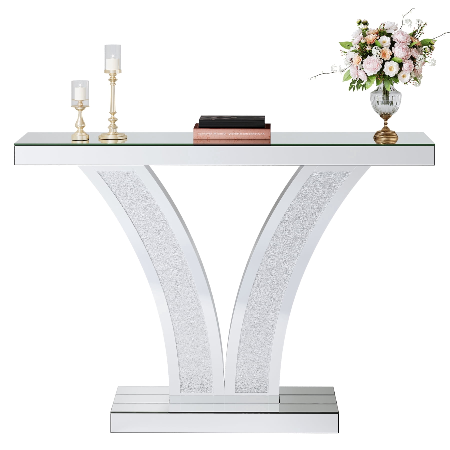 Fnova Mirrored Glam Console Table, Modern Silver Entryway Sofa Table with Crystal Diamond Inlay Frame for Living Room Hallway Foyer