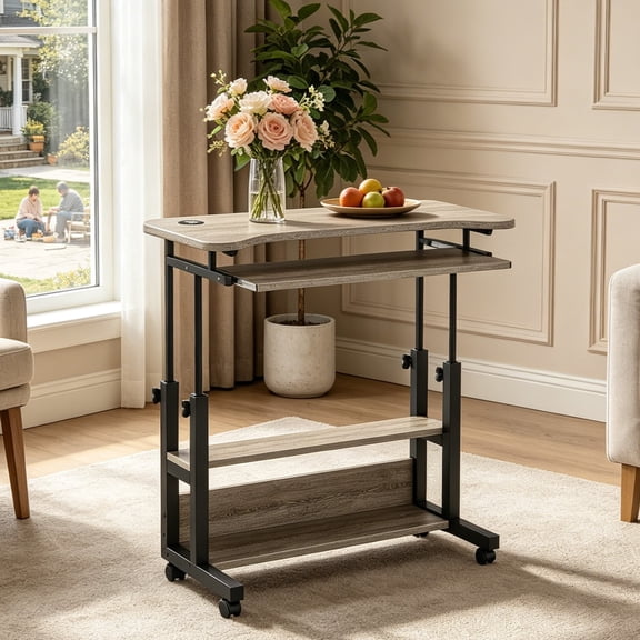 Fnova Mobile Desk with Height-Adjustable, Power Outlets, USB Ports, Portable Laptop Cart with Keyboard Tray for Sofa, Couch, Bedside, Small Standing Side Table