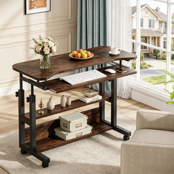 Fnova Mobile Desk with Height-Adjustable, Power Outlets, USB Ports, Portable Laptop Cart with Keyboard Tray for Sofa, Couch, Bedside, Small Standing Side Table