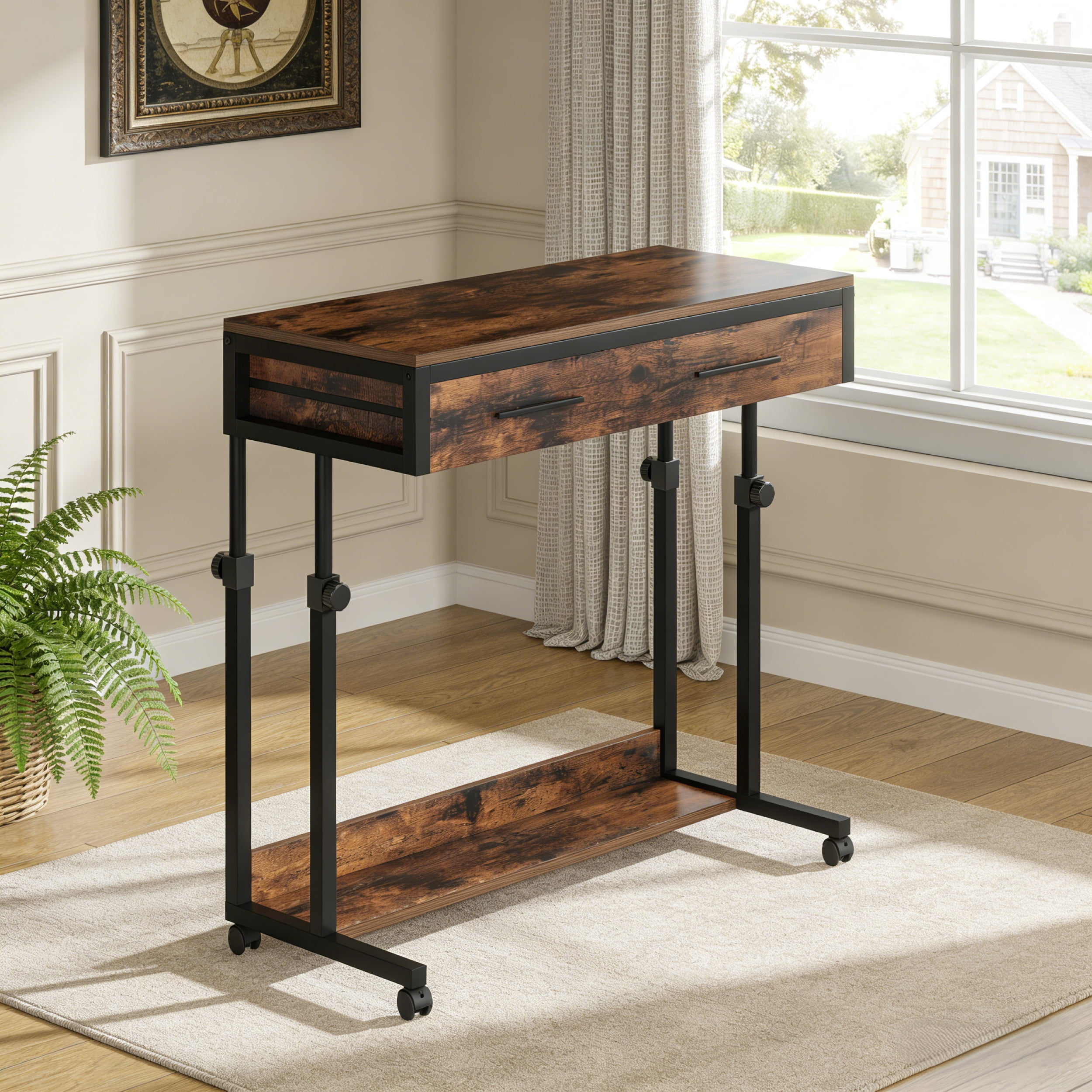Fnova Mobile Desk with Drawers, Portable Laptop Desk on Wheels, Sofa Side Table, Bed Desk, Small Standing Desk for Home Office