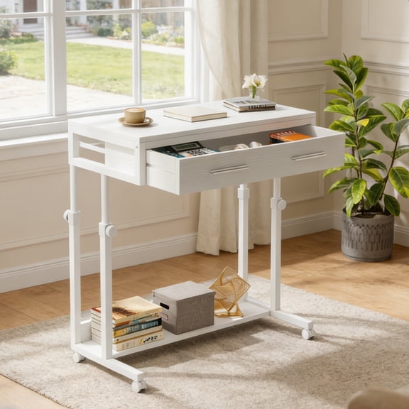 Fnova Mobile Desk with Drawers, Portable Laptop Desk on Wheels, Sofa Side Table, Bed Desk, Small Standing Desk for Home Office