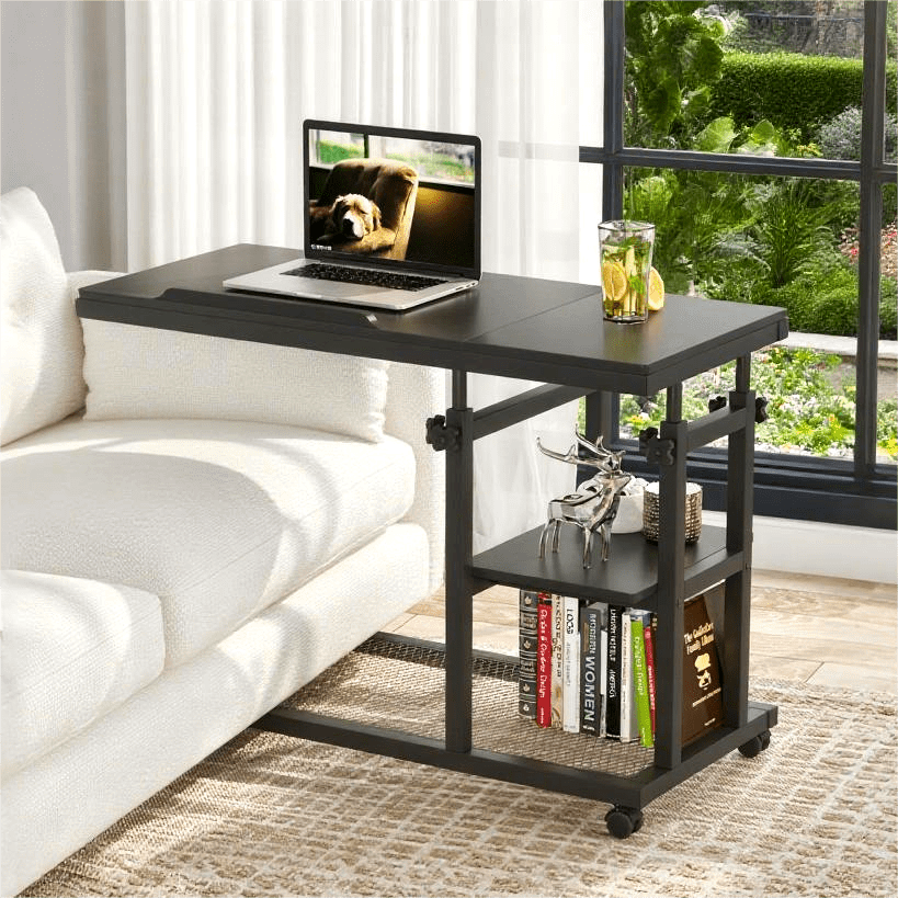 Fnova Mobile Side Table with Wheels, Snack Tray, Height-Adjustable C-Shape Desk, Tiltable Drawing Board, Laptop Stand, Storage Shelves for Living Room, Bedside Table for Couch