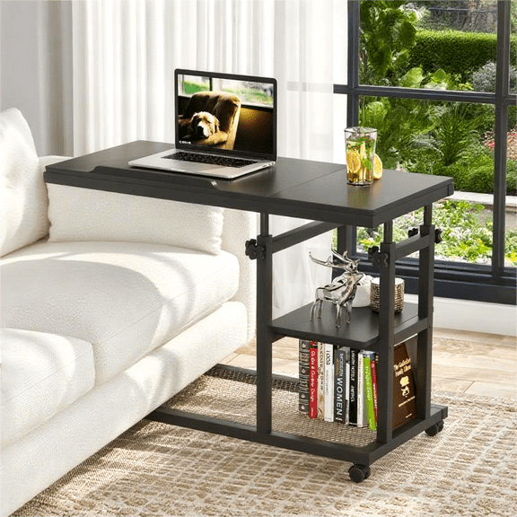 Fnova Mobile Side Table with Wheels, Snack Tray, Height-Adjustable C-Shape Desk, Tiltable Drawing Board, Laptop Stand, Storage Shelves for Living Room, Bedside Table for Couch