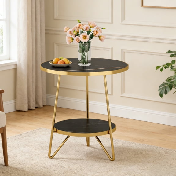 Fnova Modern 2-Tier Round Side Table with Faux Marble Print Top & Gold Metal Frame, Wooden End Table for Living Room, Bedroom, Easy Assembly