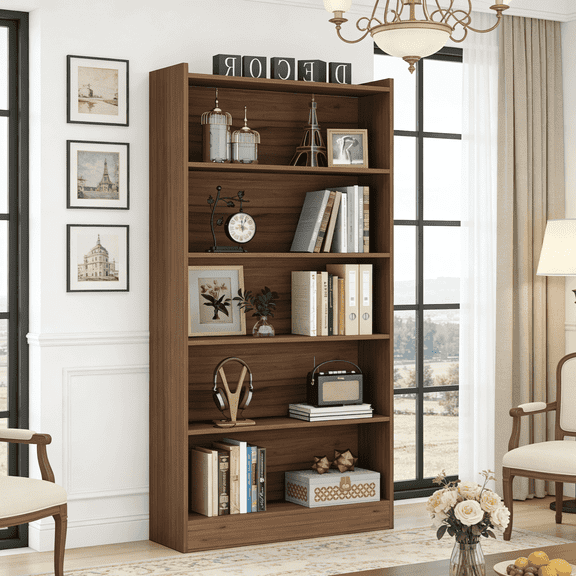Fnova Modern 72" 6-Tier Storage Shelf, Wooden Shelving Unit, Closed Back & Side Panels for Living Room/Kitchen/Home Office, Easy Assembly