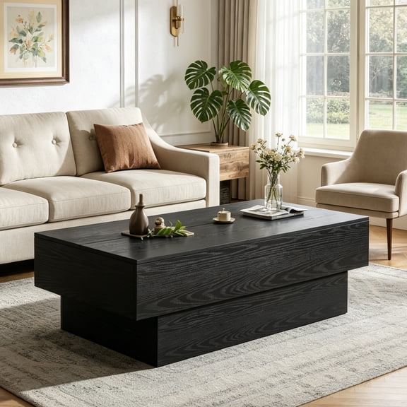 Fnova Modern Black 55 Inch Rectangle Wooden Coffee Table, Large Center Table, Cocktail Tea Table for Living Room, Reception Room, Office, Apartment