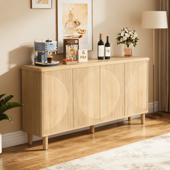 Fnova Modern Cabinet with 2-Tier Storage Shelves, 59.44" Sideboard with 4 Doors, Push Pop-up Door, for Kitchen, Dining Room, Living Room, Easy Assembly