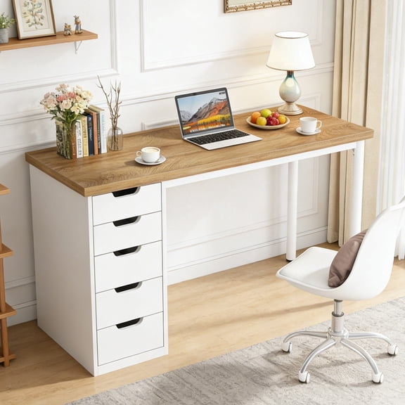 Fnova Modern Computer Desk with 5 Drawers, 47.24" Home Office Desk, Light Brown and White