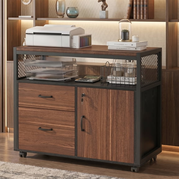 Fnova Modern Lateral File Cabinet with Lock for Letter-Sized File, Rolling Wood Filing Cabinet Printer Stand with 2 Drawers, Dark Walnut