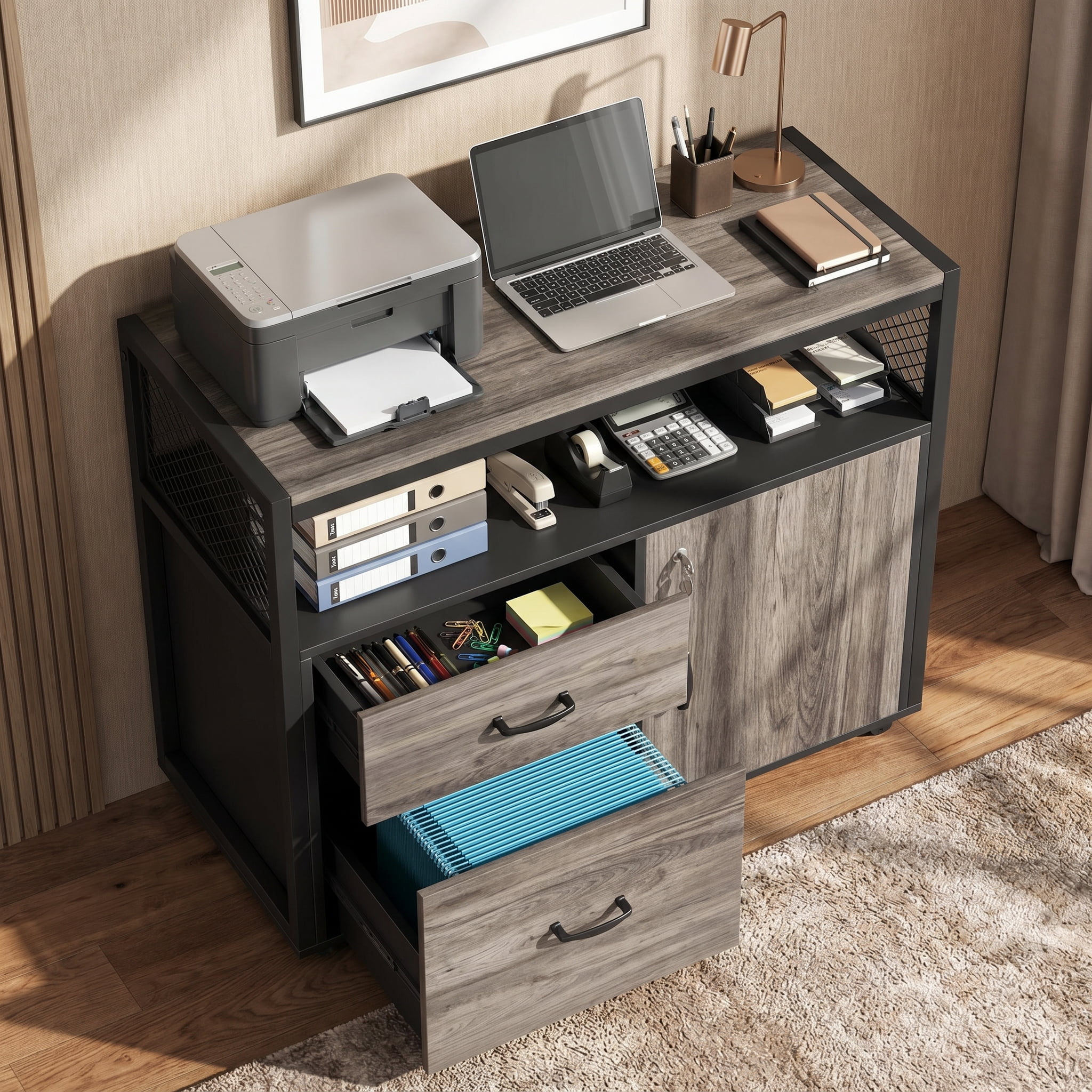 Fnova Modern File Cabinet with Drawers for Letter-Sized File, Lockable Lateral Filing Cabinet with Storage Shelves with Rolling Caster, Grey