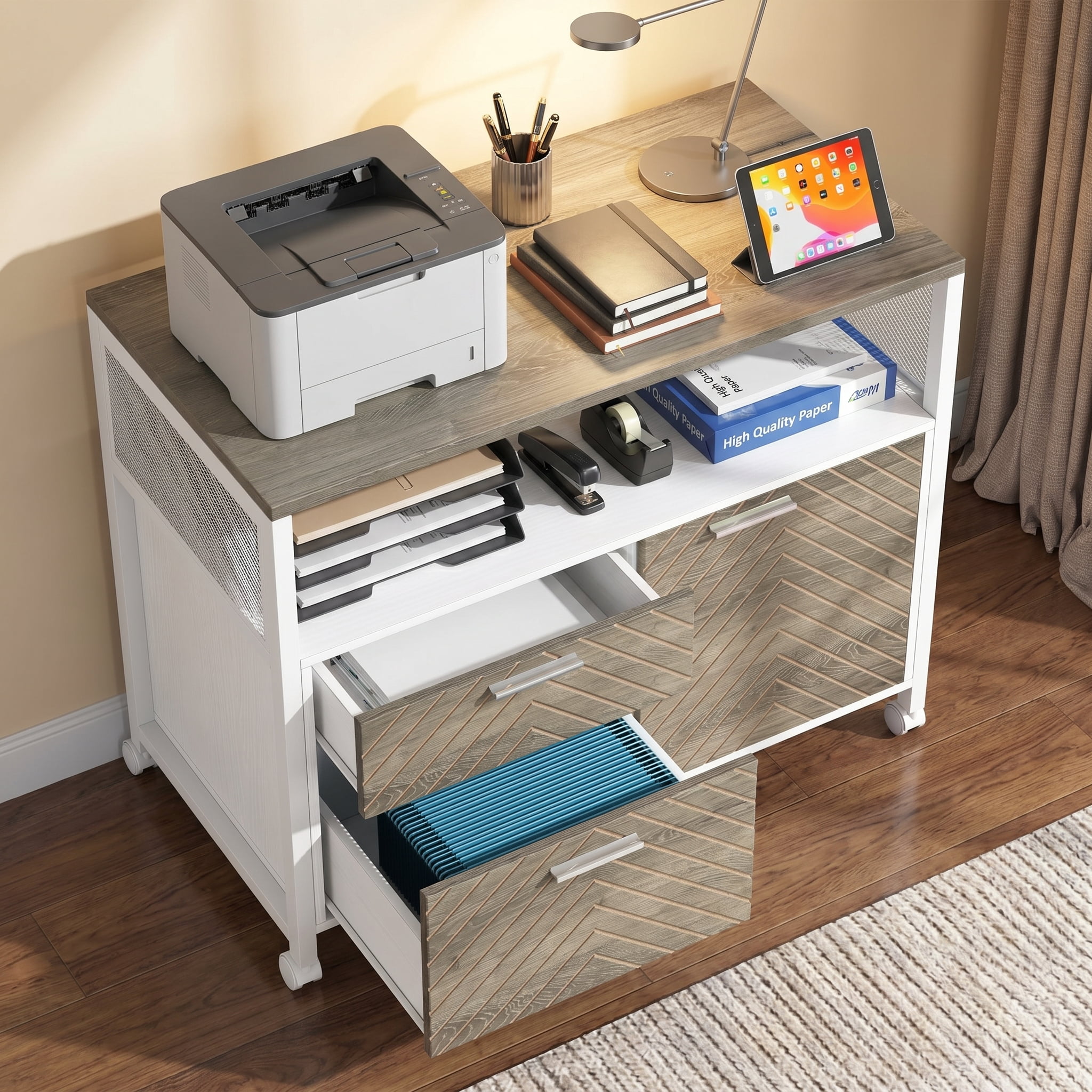 Fnova Modern File Cabinet with Drawers for Letter-Sized File and Door, lateral Filing Cabinet Printer Stand with Storage Shelves and with Rolling Caster for Home Office, Oka