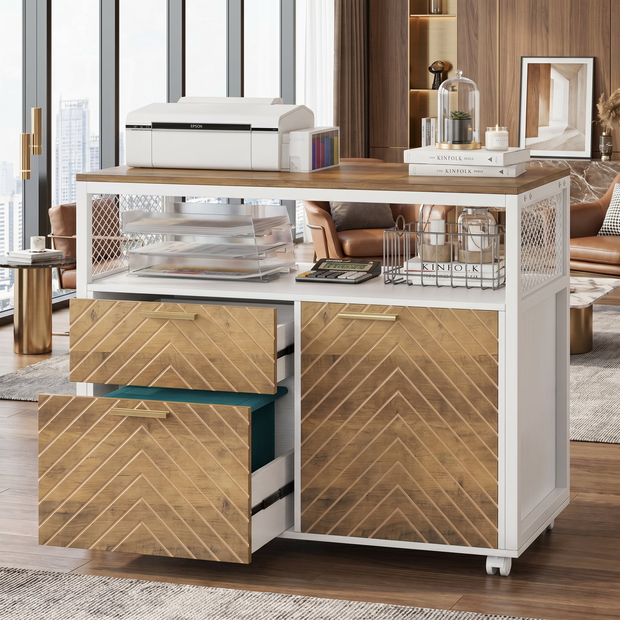 Fnova Modern File Cabinet with Drawers for Letter-Sized File and Door, Lateral Filing Cabinet Printer Stand with Storage Shelves and with Rolling Caster for Home Office, Rustic