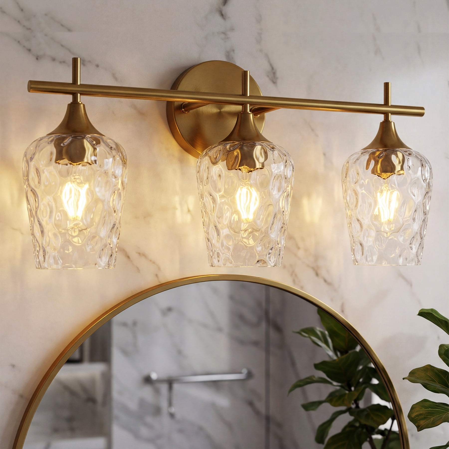 Fnova Modern Gold Bathroom Vanity Light, 21" 3-Light Wall Sconce with Clear Glass Shades, E26 Base Bath Light Fixture over Mirror
