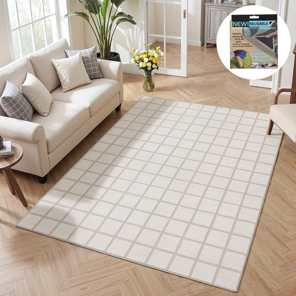 Fnova Modern Plaid 5x7 Cream Area Rugs for Living Room, Checkered Washable Bedroom Dining Room Rug