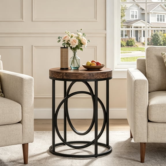 Fnova Modern Round End Table, Side Table with Metal Frame, Faux Marble or Wooden Accent Table Nightstand, Easy Assembly for Living Room Bedroom Entryway Small Space