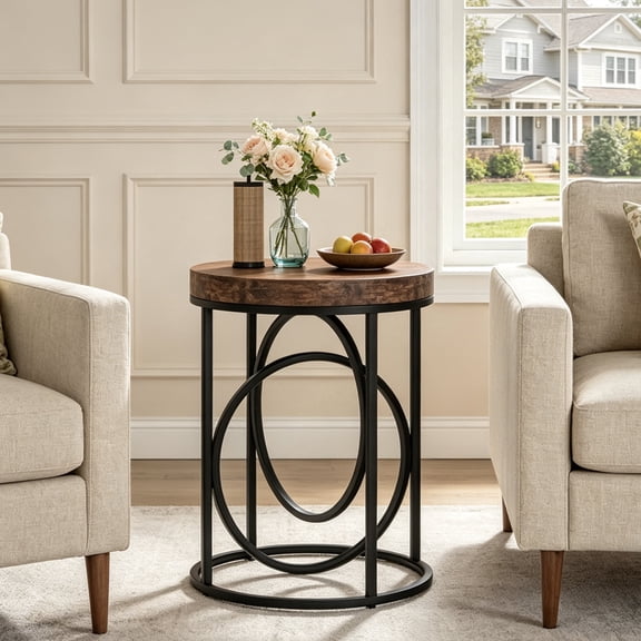 Fnova Modern Round End Table, Side Table with Metal Frame, Faux Marble or Wooden Accent Table Nightstand, Easy Assembly for Living Room Bedroom Entryway Small Space