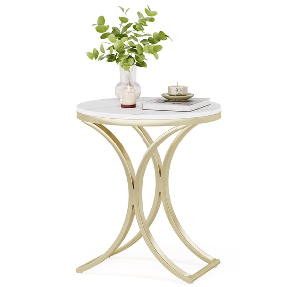 Fnova Modern Round Side Table, End Table Nightstand Accent Table with Faux Marble Top and Gold Metal C-Legs, Easy Assembly, for Living Room, Bedroom, Entryway, Small Space